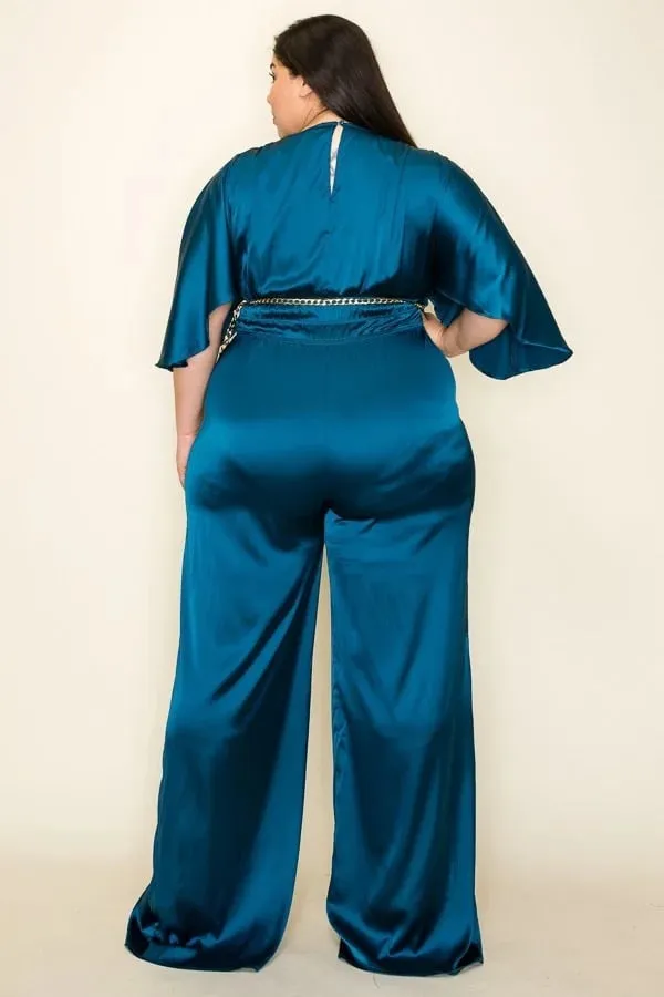 Satin wrap front short sleeve smocked waist jumpsuit