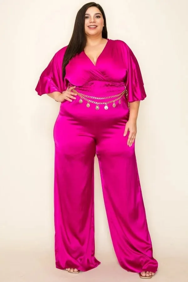 Satin wrap front short sleeve smocked waist jumpsuit