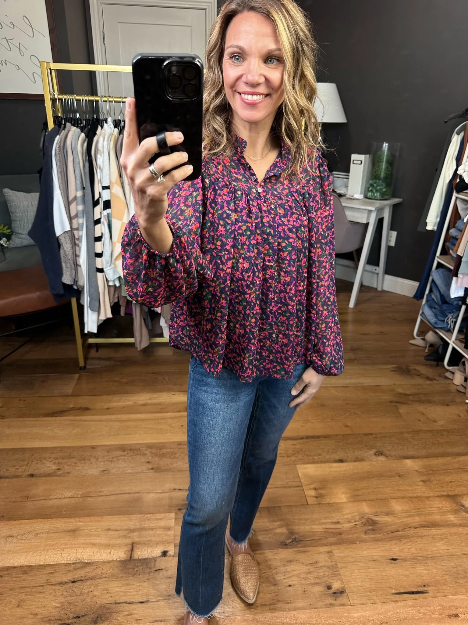 Seeing You Soon Floral Balloon Sleeve Top - Navy/Magenta