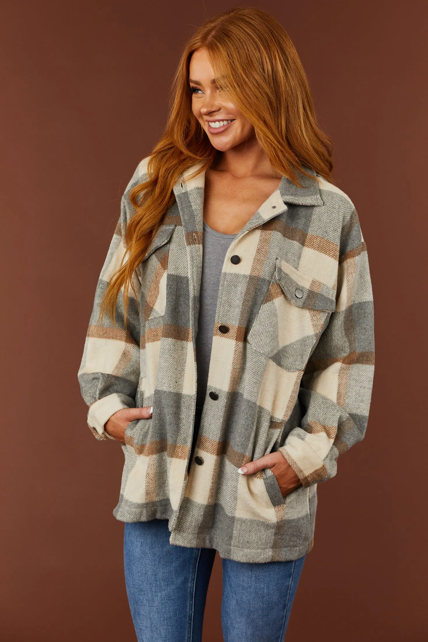 She Sky Cream and Slate Plaid Button Down Shacket