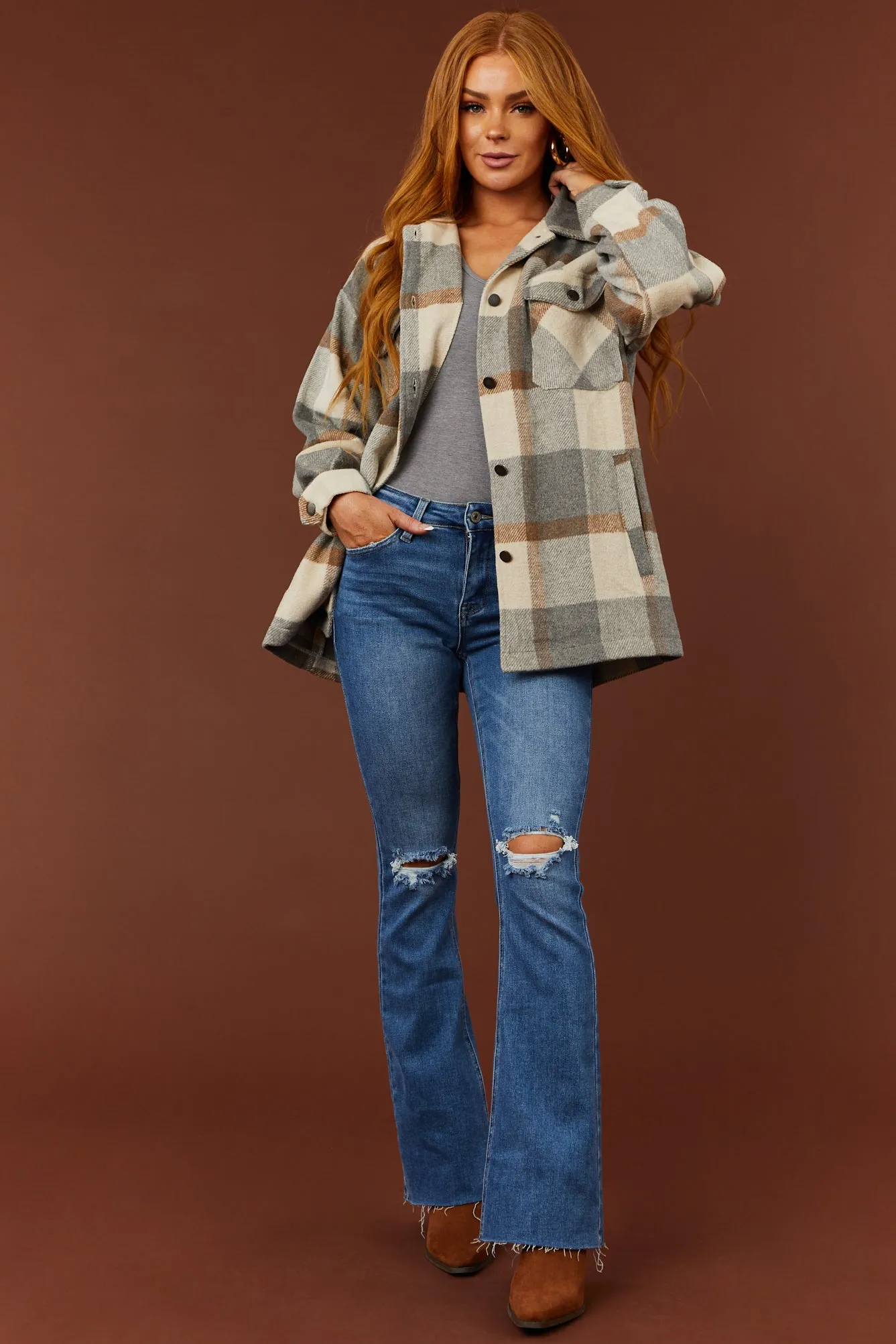 She Sky Cream and Slate Plaid Button Down Shacket