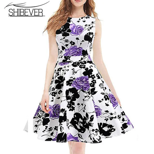 SHIBEVER Hot Sale 2017 New Fashion Summer Dresses Elegant Sleeveless Printing Casual Dress Classic O-neck Women Dresses LD07