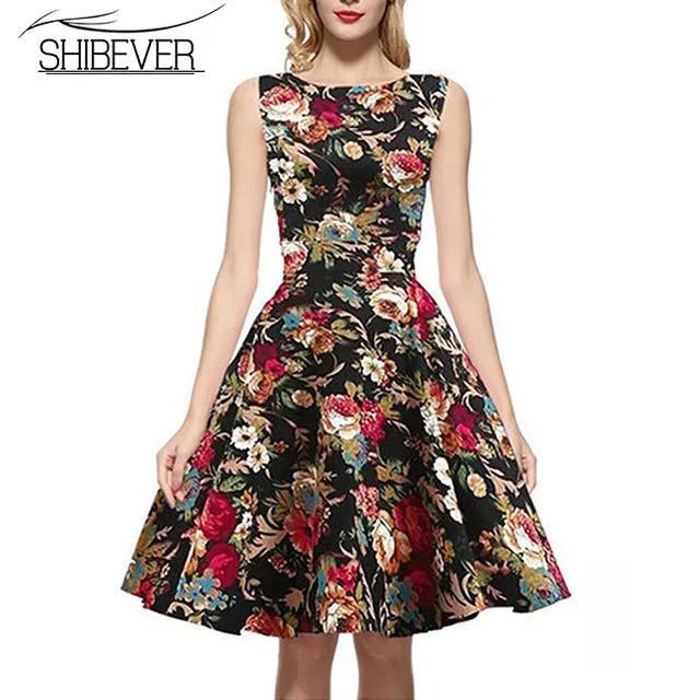 SHIBEVER Hot Sale 2017 New Fashion Summer Dresses Elegant Sleeveless Printing Casual Dress Classic O-neck Women Dresses LD07