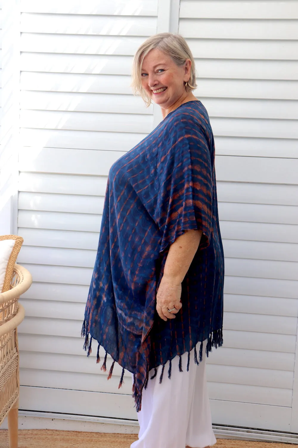 Short Kaftan With Tassels In Midnight Tie Dye