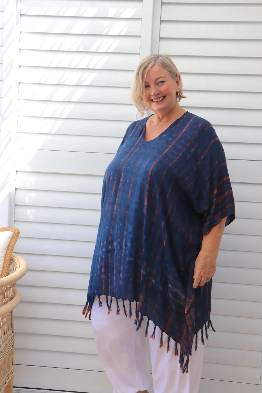 Short Kaftan With Tassels In Midnight Tie Dye