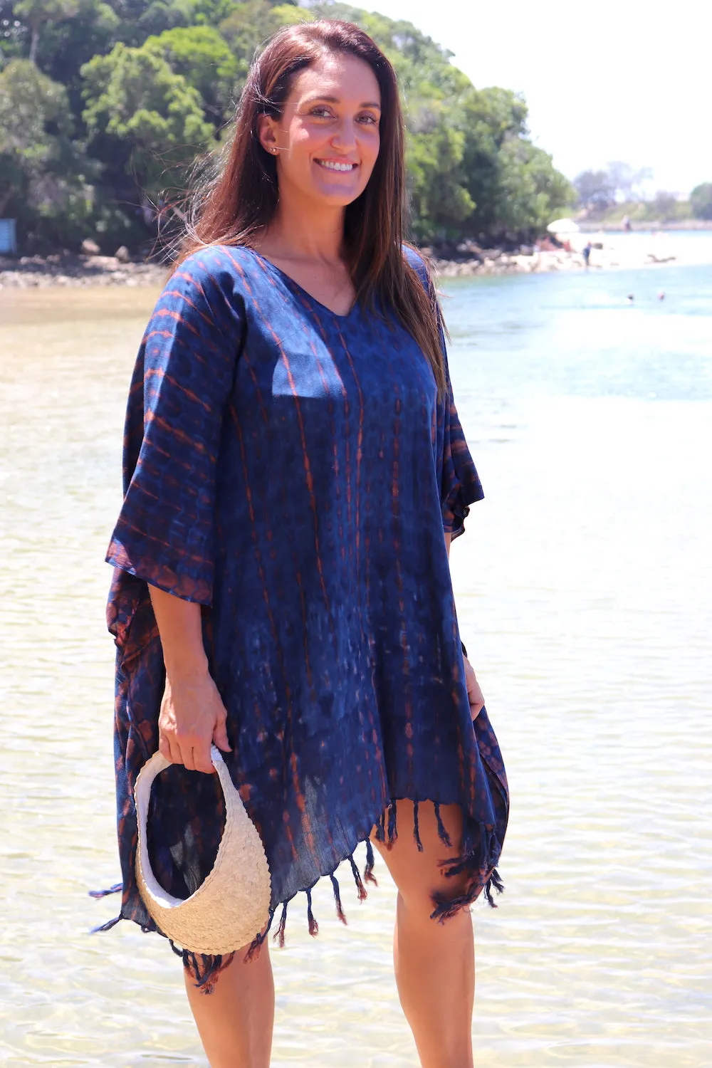 Short Kaftan With Tassels In Midnight Tie Dye