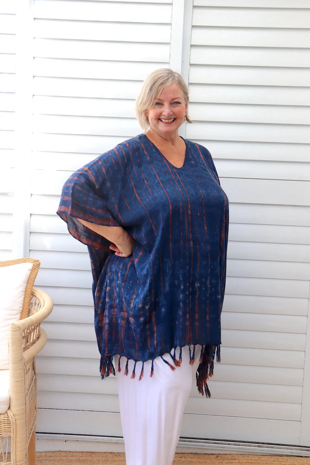 Short Kaftan With Tassels In Midnight Tie Dye