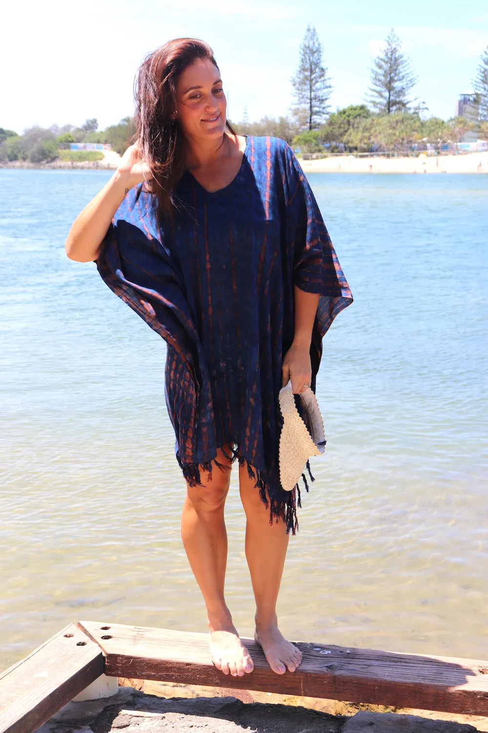 Short Kaftan With Tassels In Midnight Tie Dye