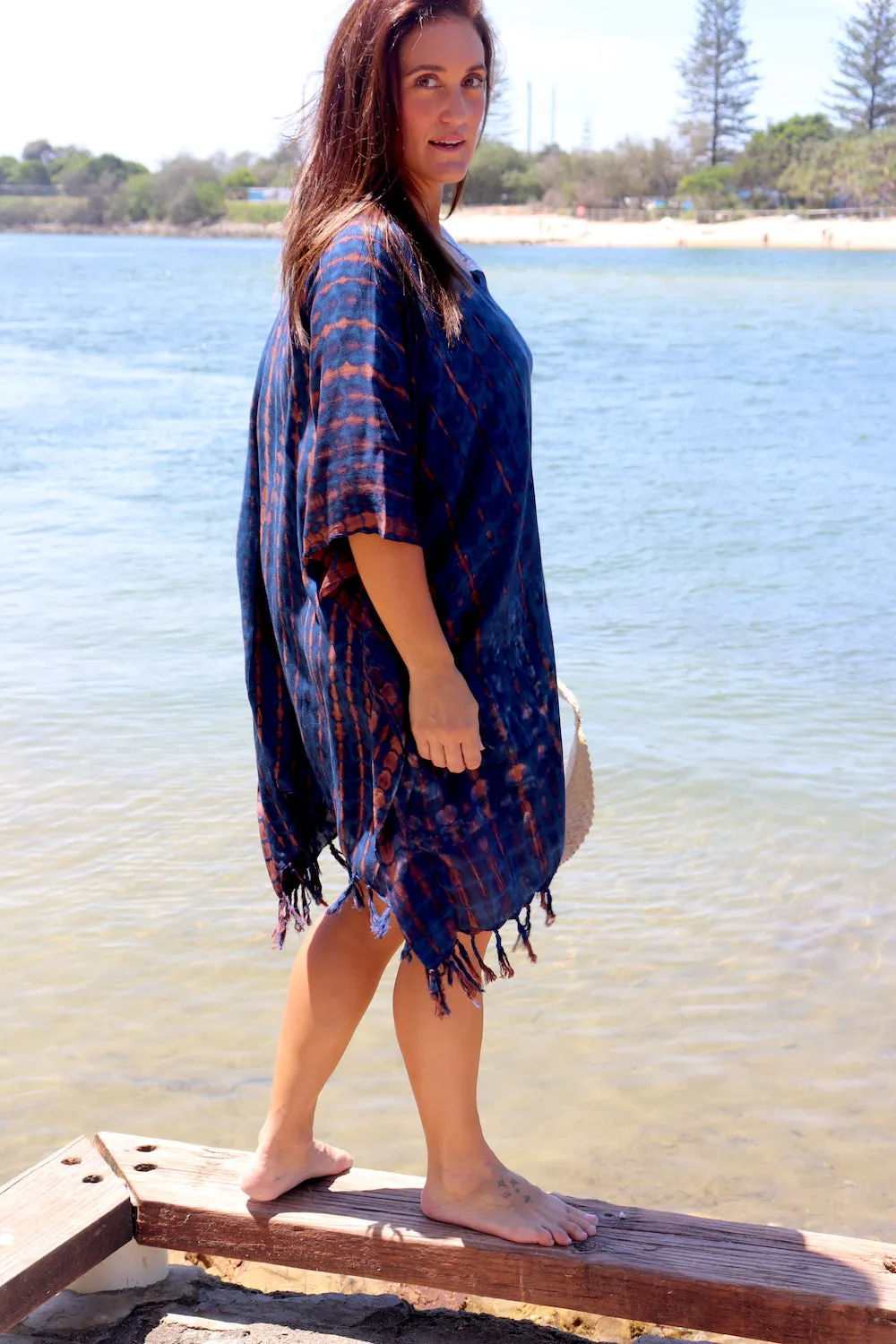 Short Kaftan With Tassels In Midnight Tie Dye