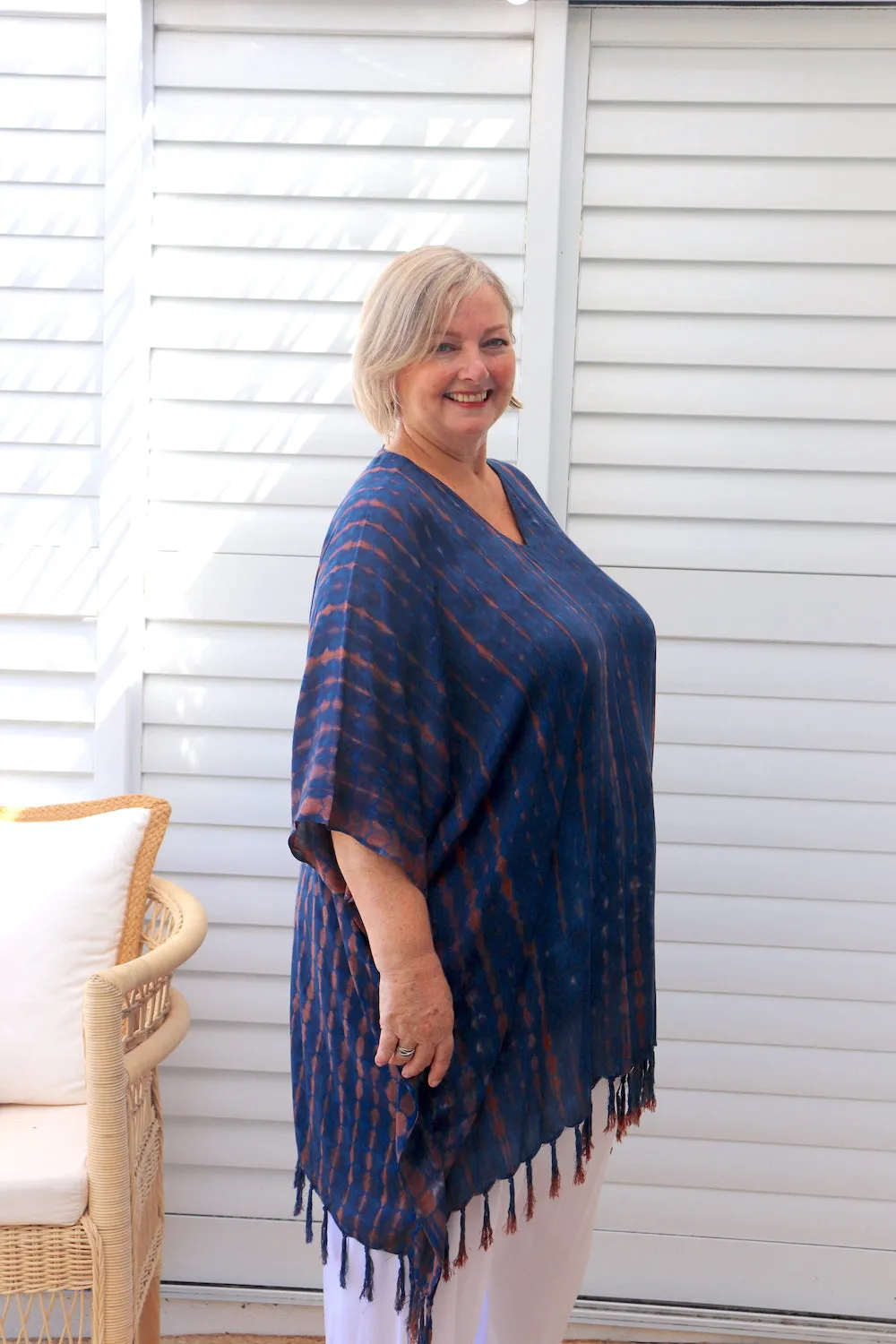 Short Kaftan With Tassels In Midnight Tie Dye