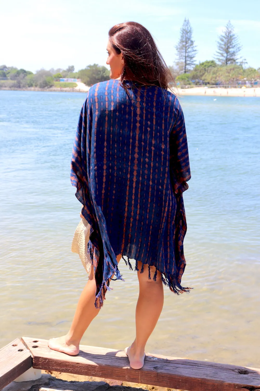 Short Kaftan With Tassels In Midnight Tie Dye