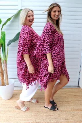 Short Kaftan With Tassels In Pink Leopard