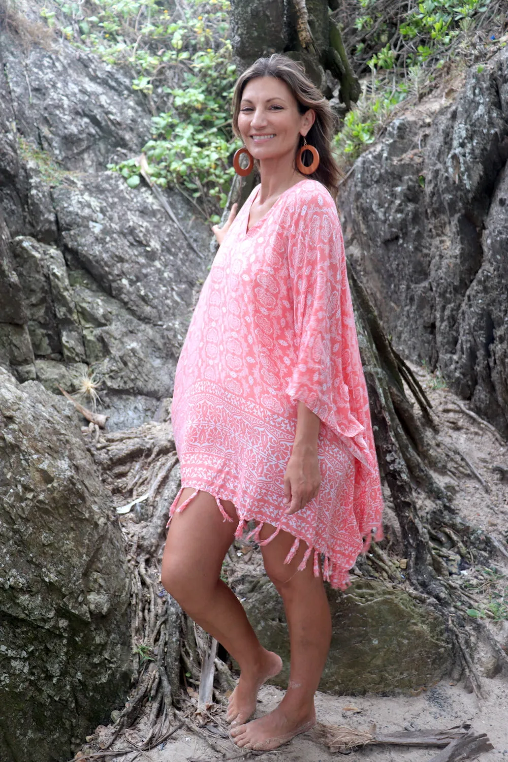 Short Kaftan With Tassels In Salmon