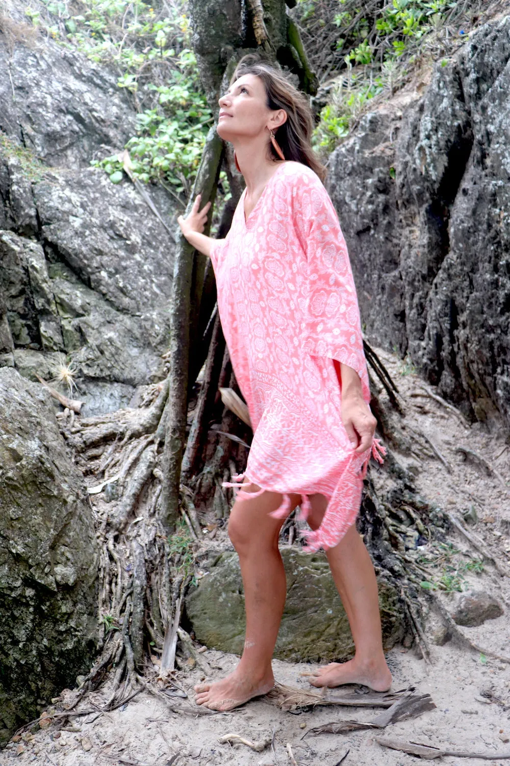 Short Kaftan With Tassels In Salmon