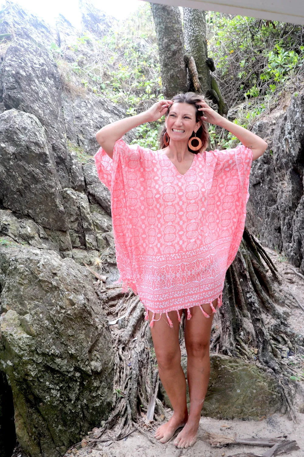 Short Kaftan With Tassels In Salmon