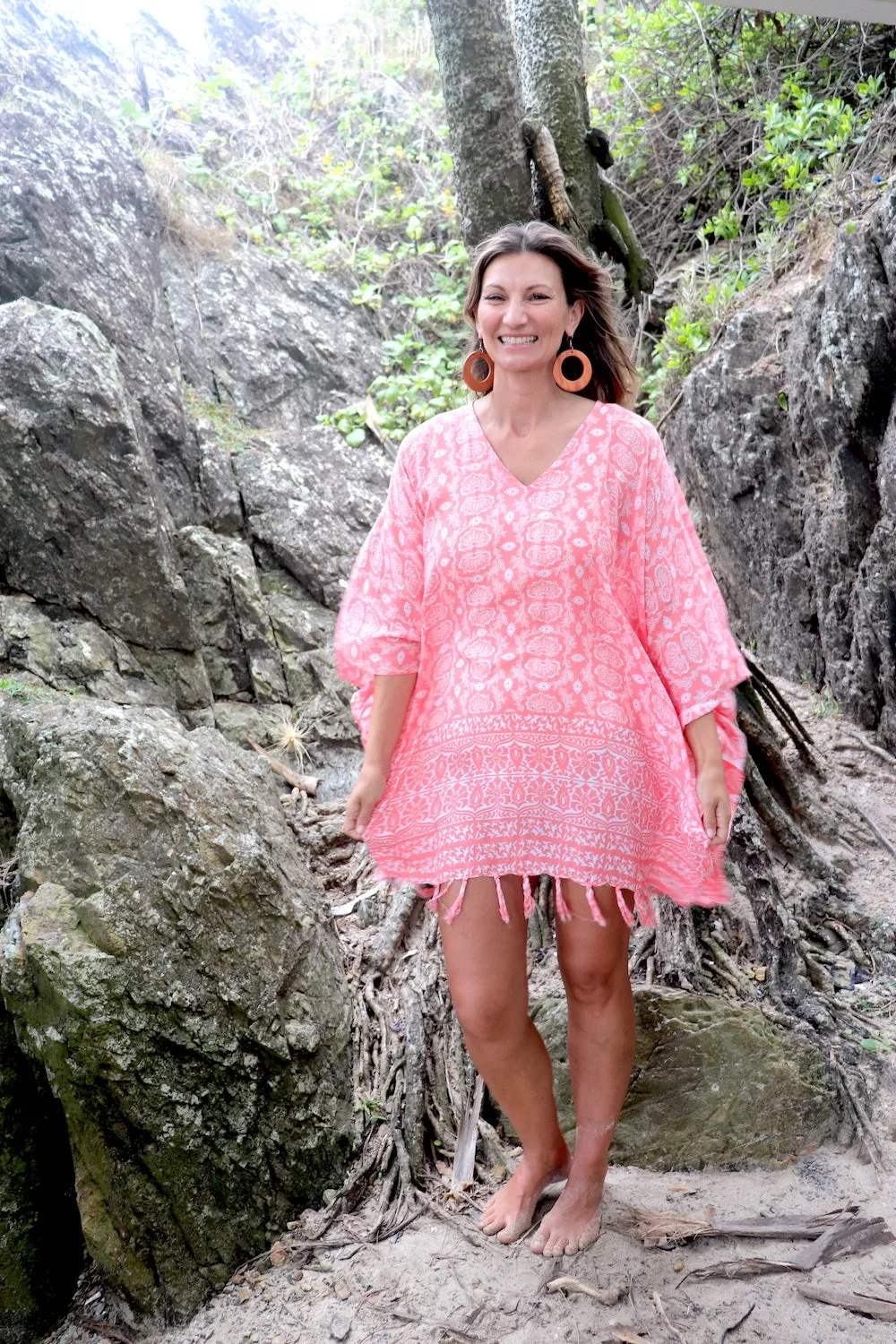 Short Kaftan With Tassels In Salmon