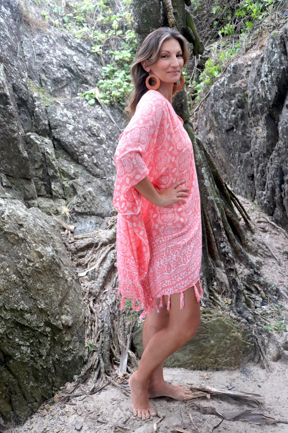 Short Kaftan With Tassels In Salmon