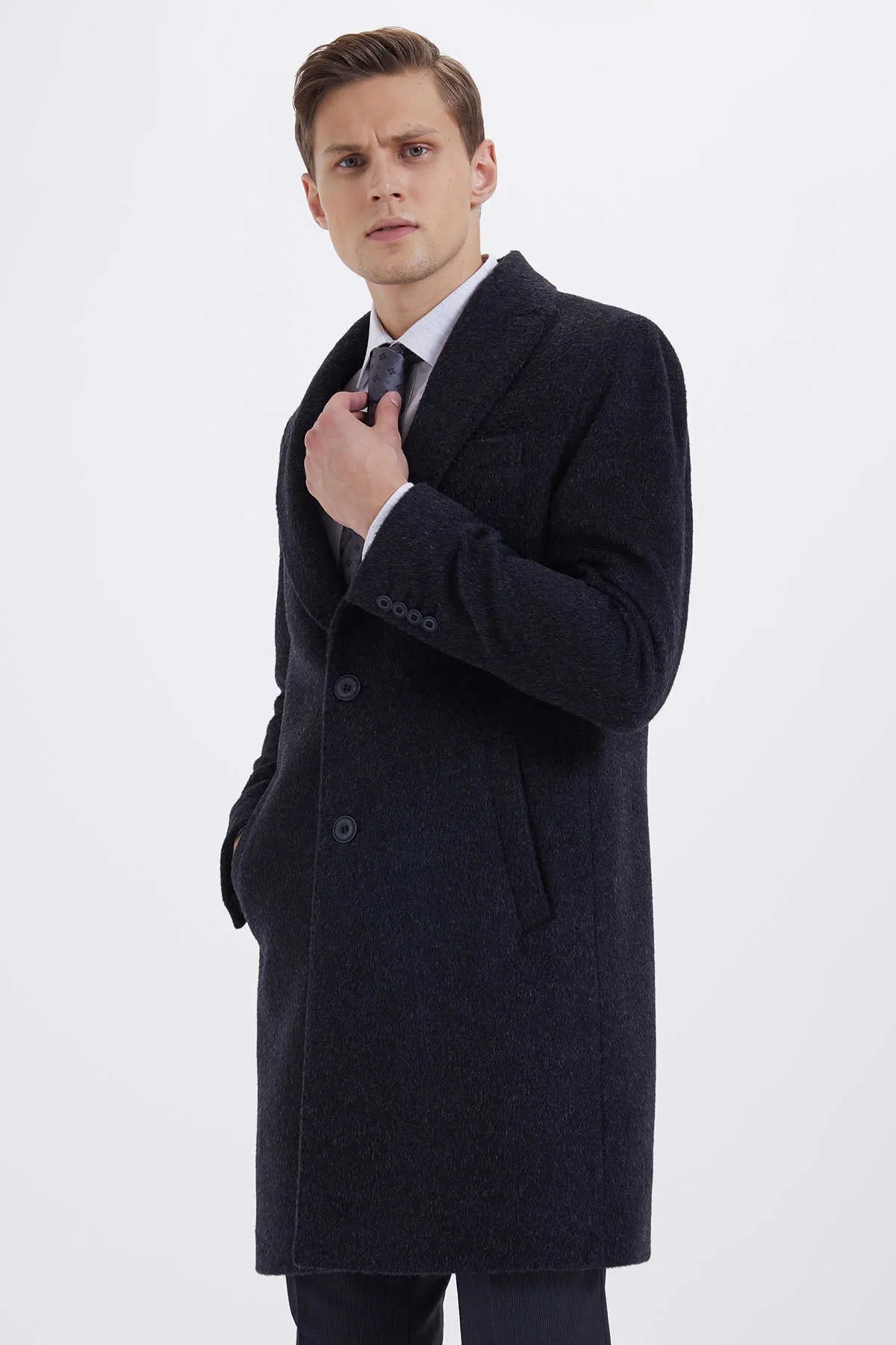 Slim Fit Cachet Wool Blend Charcoal Overcoat, Charcoal