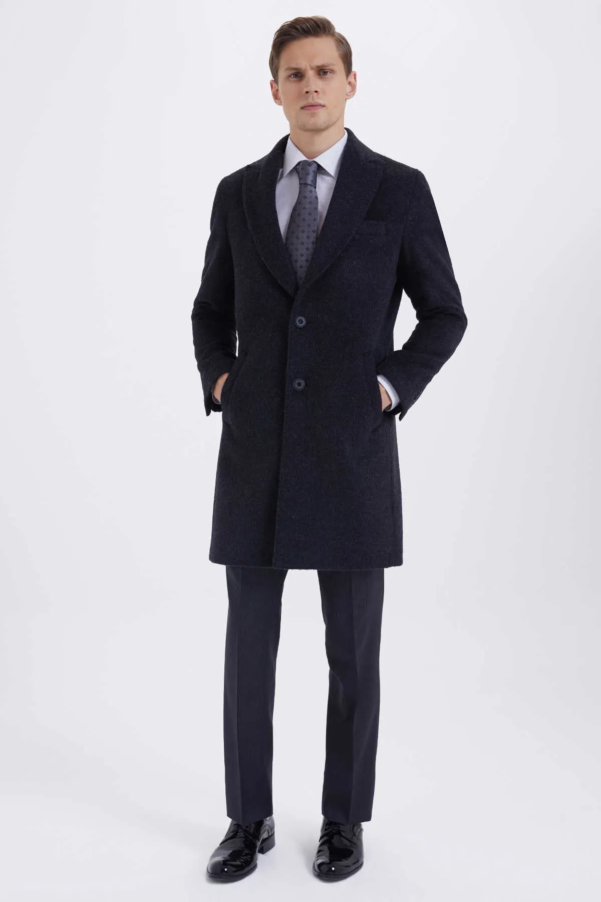 Slim Fit Cachet Wool Blend Charcoal Overcoat, Charcoal