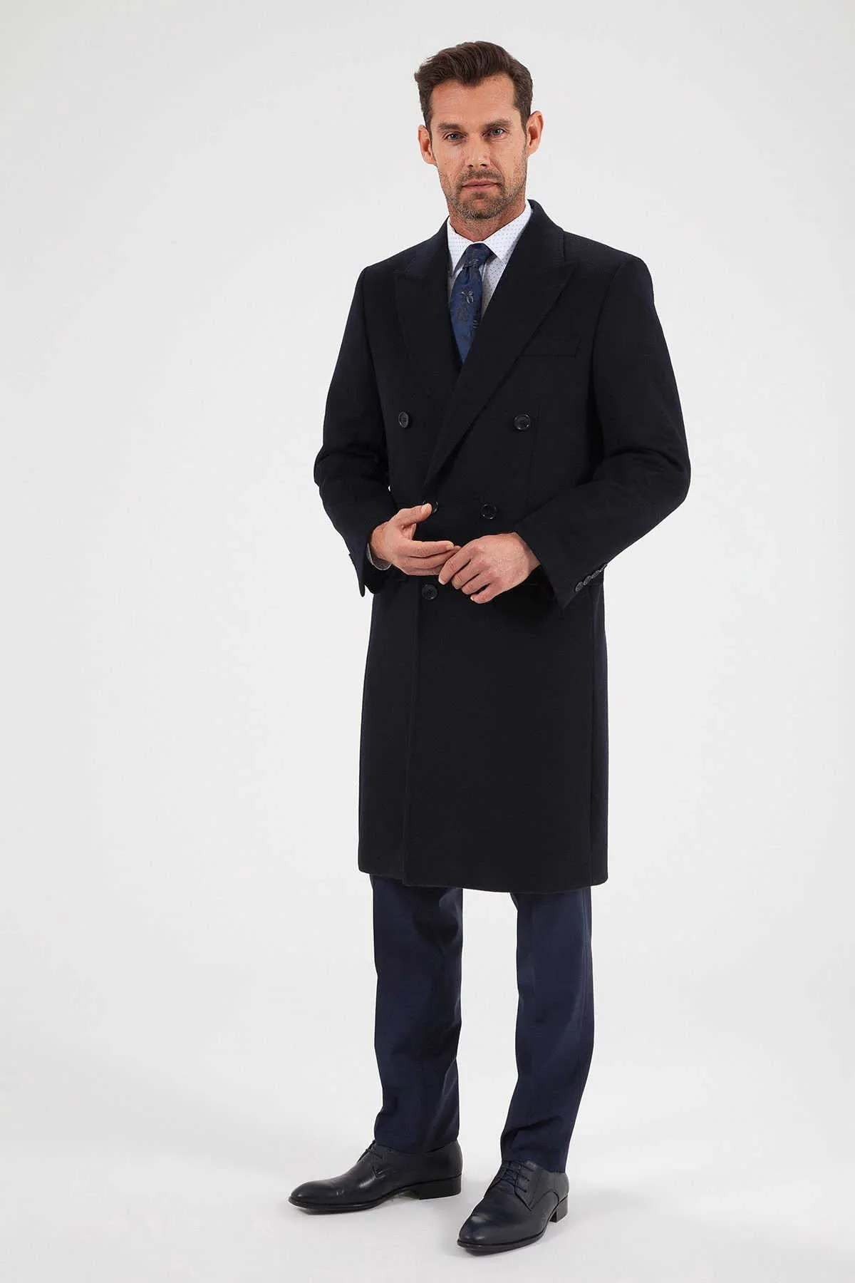 Slim Fit Double Breasted Peak Lapel Wool Blend Navy Overcoat