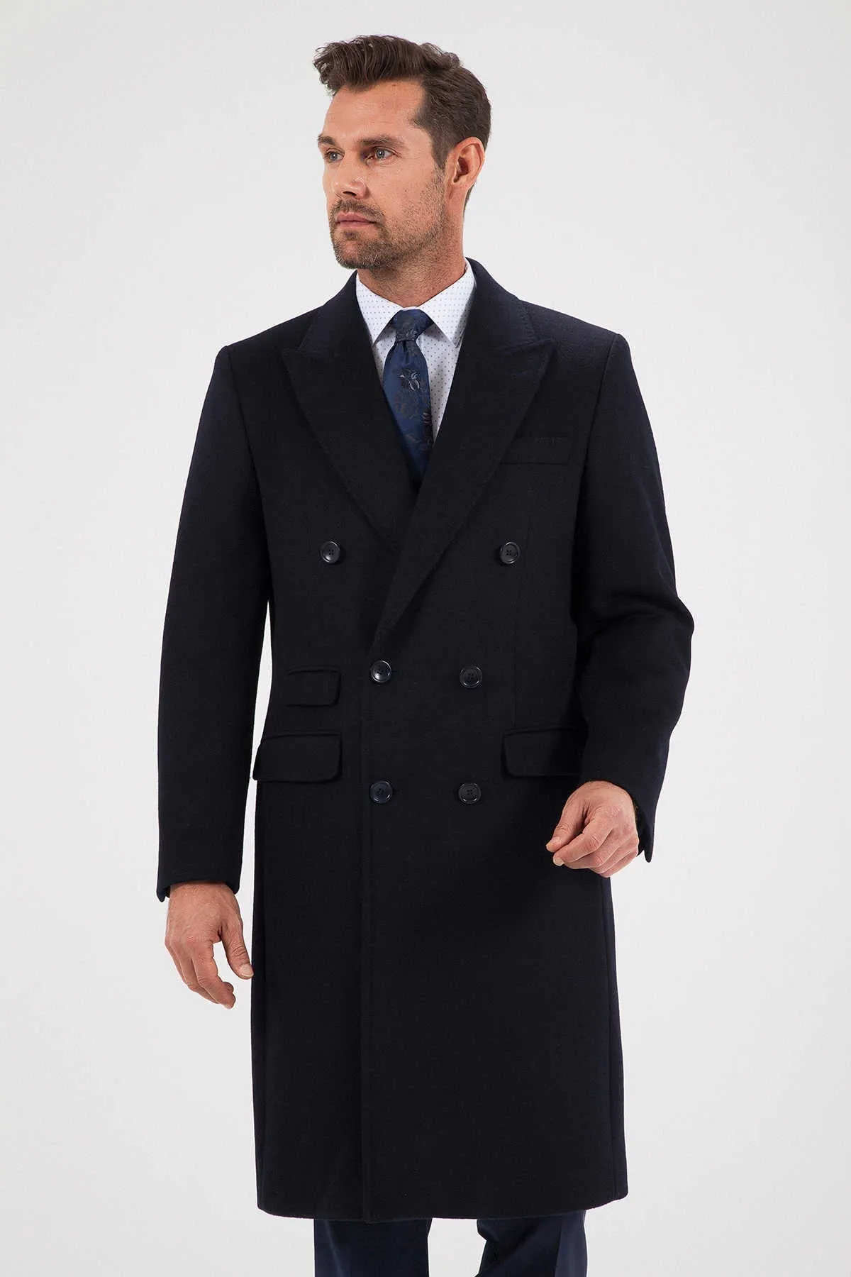 Slim Fit Double Breasted Peak Lapel Wool Blend Navy Overcoat