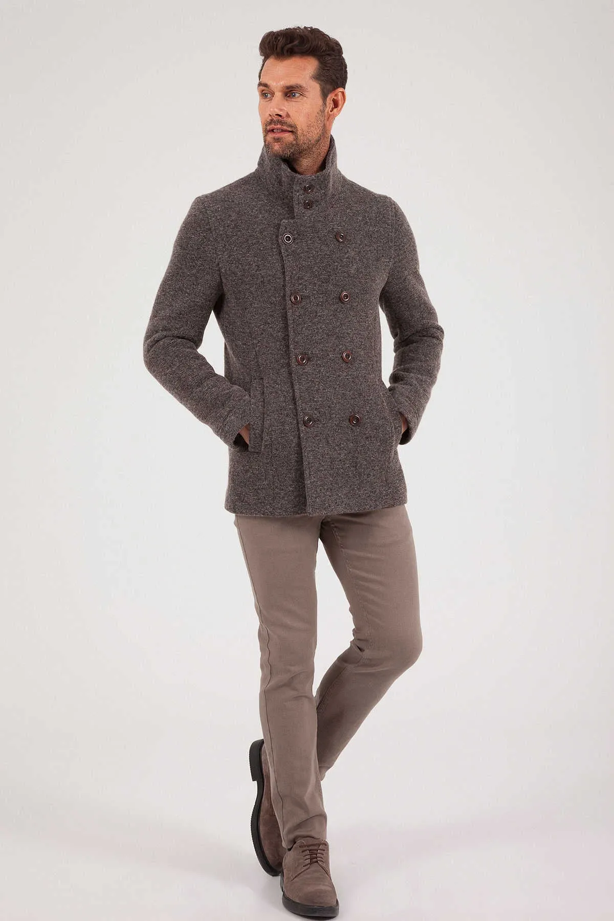 Slim Fit Notch Lapel Alpine Wool Gray Overcoat, Brown