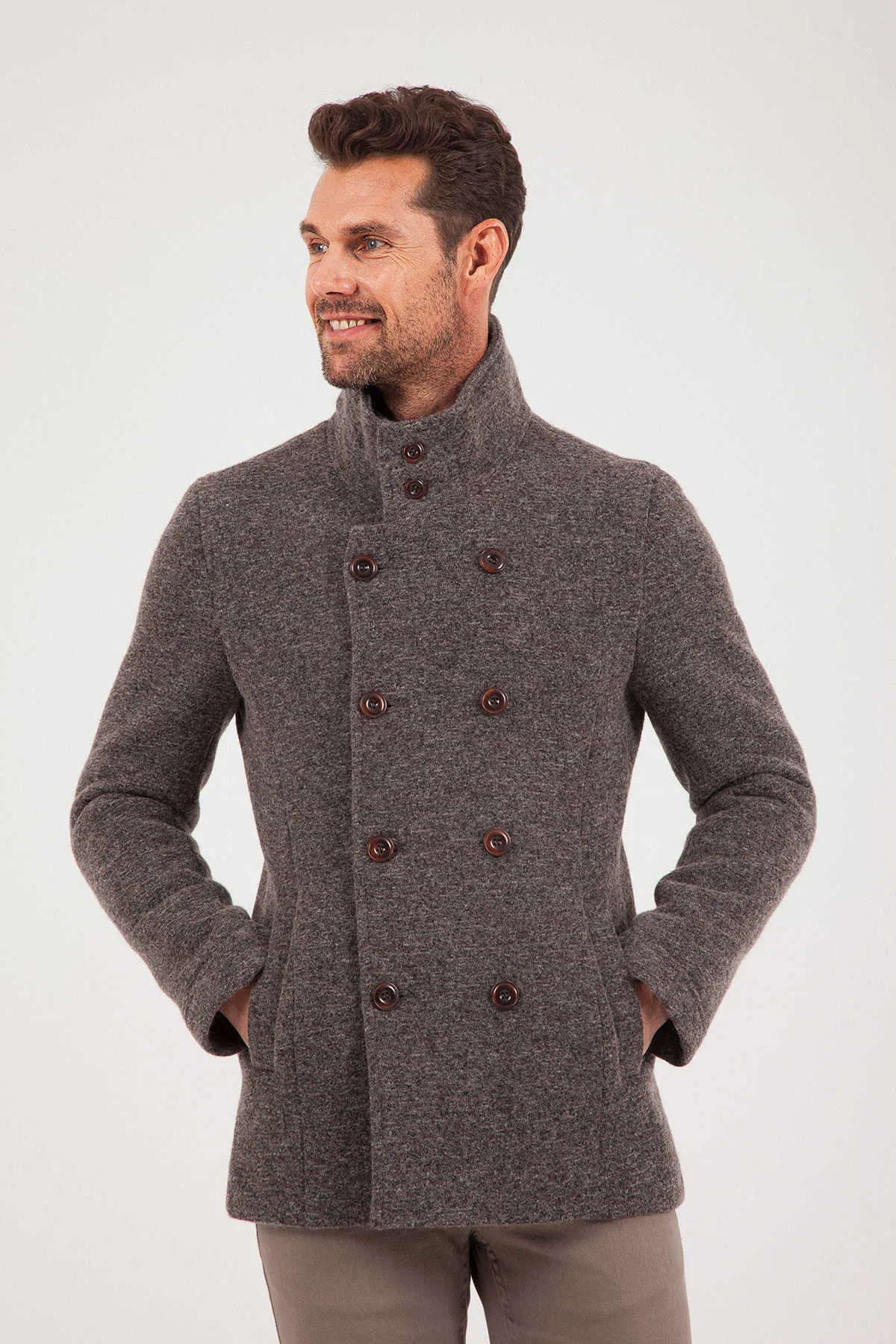 Slim Fit Notch Lapel Alpine Wool Gray Overcoat, Brown