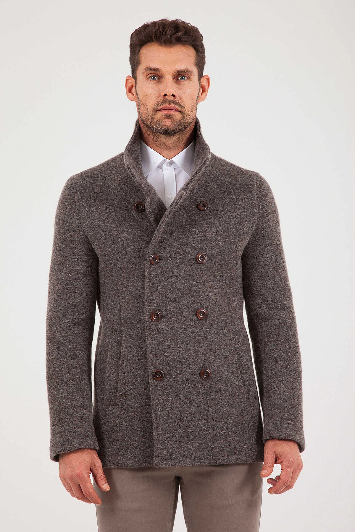 Slim Fit Notch Lapel Alpine Wool Gray Overcoat, Brown