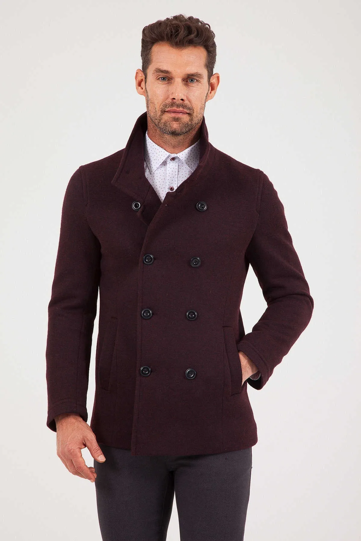 Slim Fit Notch Lapel Alpine Wool Gray Overcoat, Burgundy