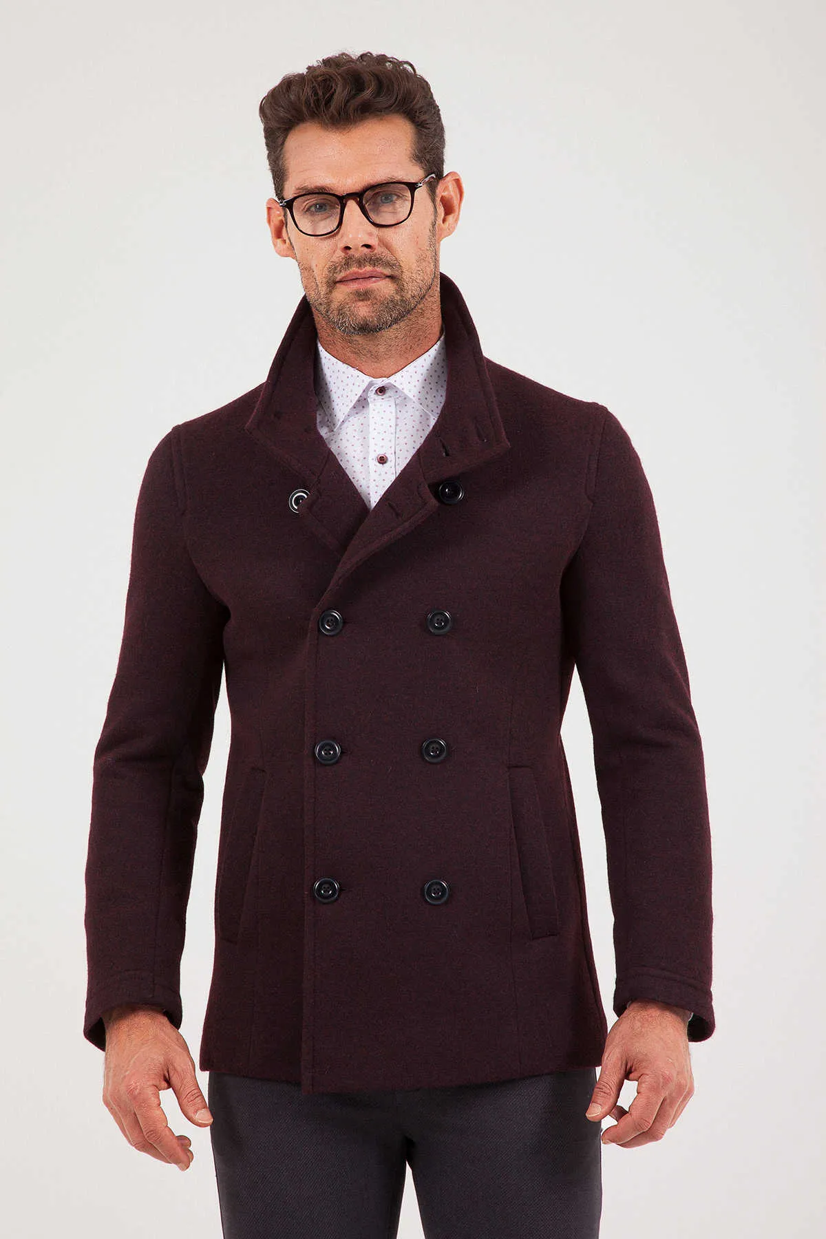 Slim Fit Notch Lapel Alpine Wool Gray Overcoat, Burgundy