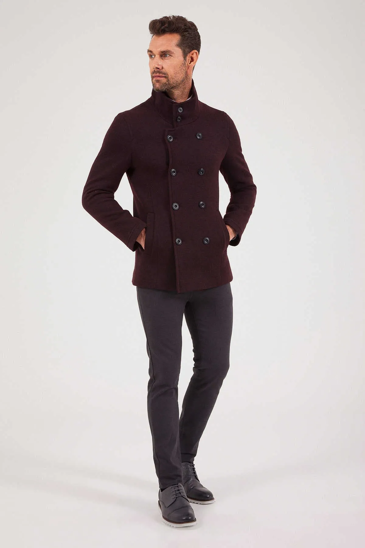 Slim Fit Notch Lapel Alpine Wool Gray Overcoat, Burgundy