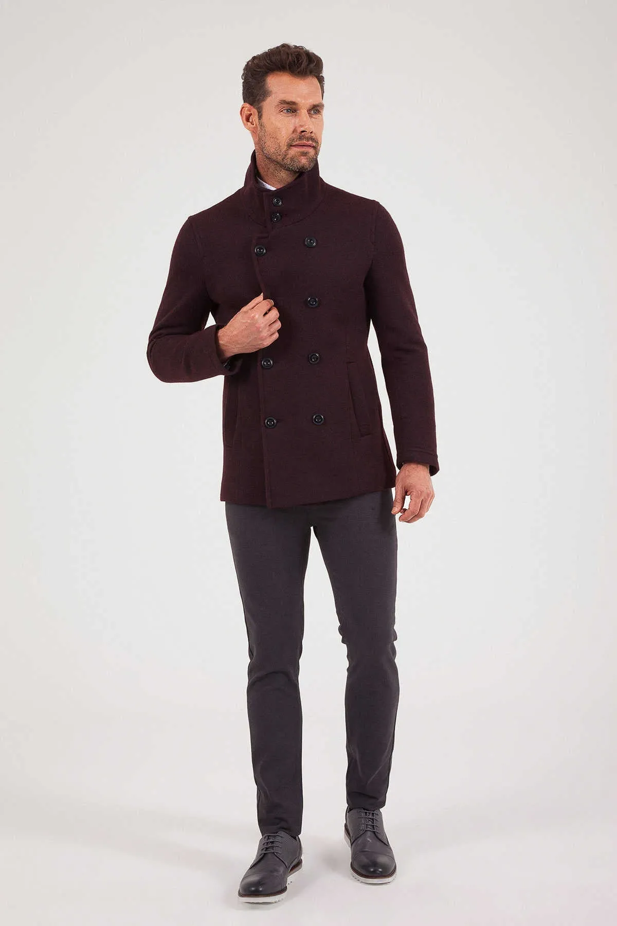 Slim Fit Notch Lapel Alpine Wool Gray Overcoat, Burgundy