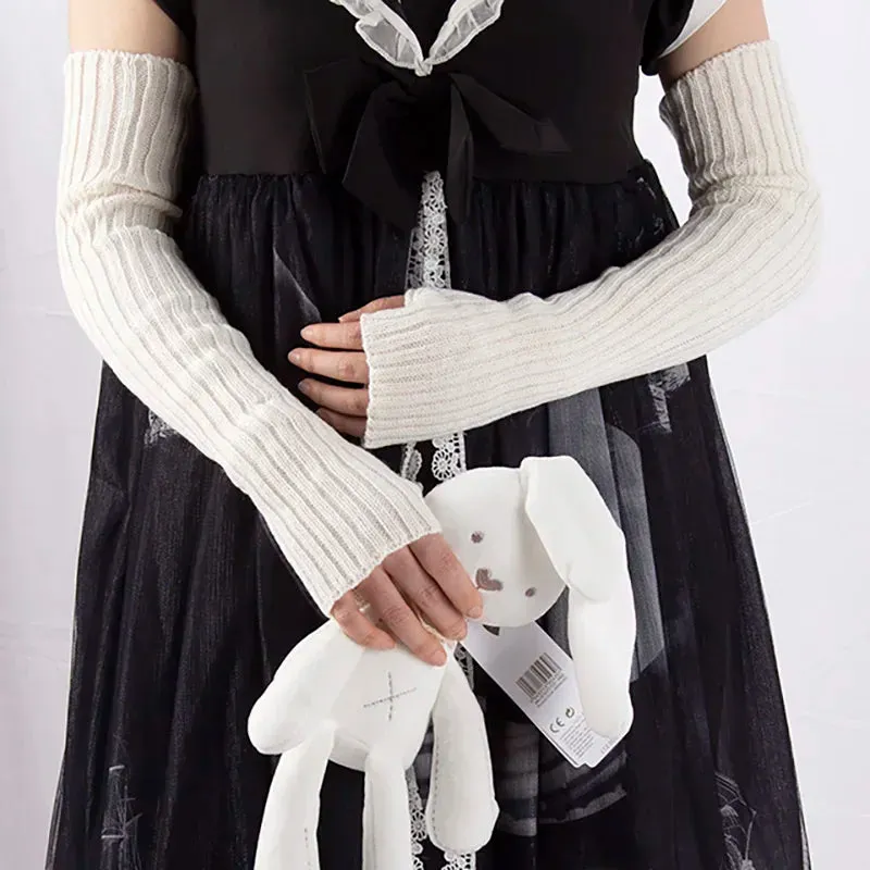 Sohiwoo Women's Long Knitted Fingerless Arm Sleeves Gothic Style Winter Long Arm Warmers Girls Harajuku Y2K Fashion Wrist Gloves