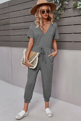 Solid Color V-Neck Jumpsuit