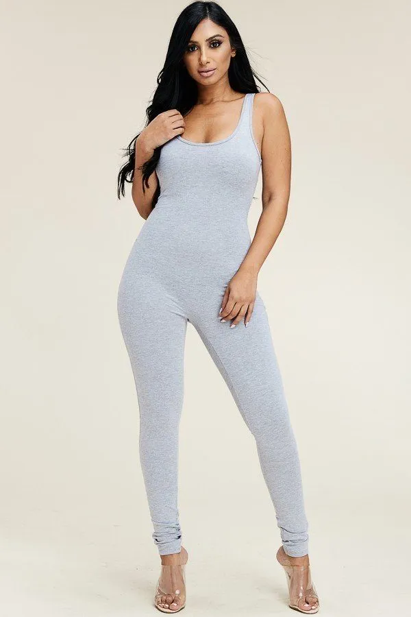 Solid Cotton Basic Jumpsuit With U Back Line