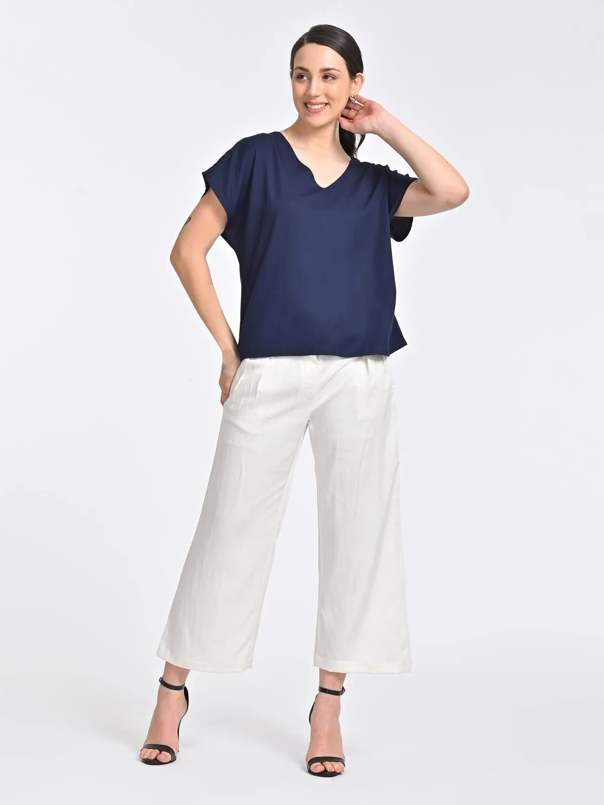 Solid Indigo V-Neck Top with Cream Trousers Coords Set