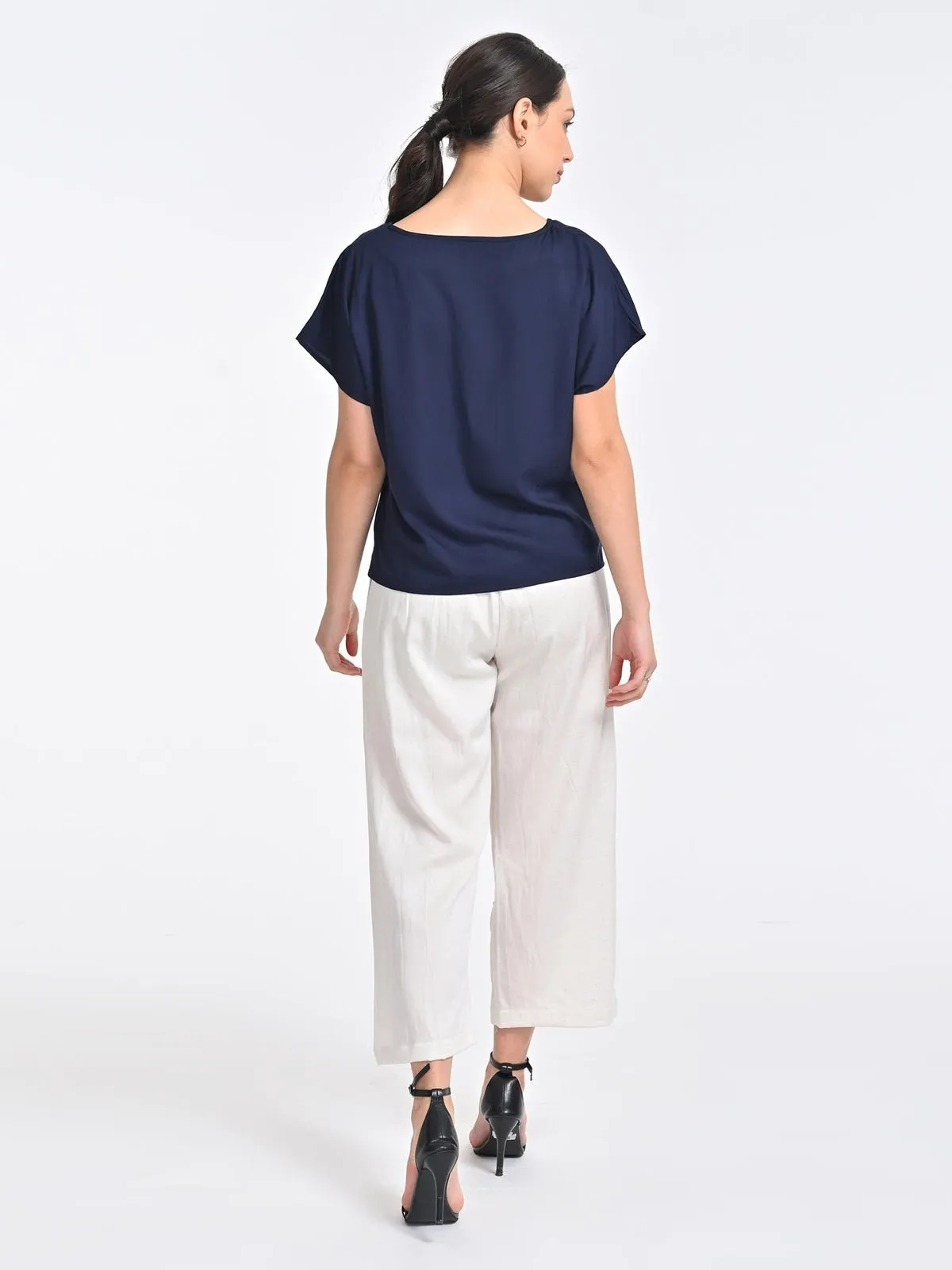 Solid Indigo V-Neck Top with Cream Trousers Coords Set