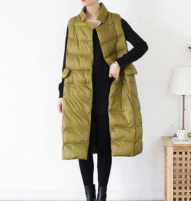 Stand Collar Puffer Coat Long Vest Winter Women Down Jacket 1008