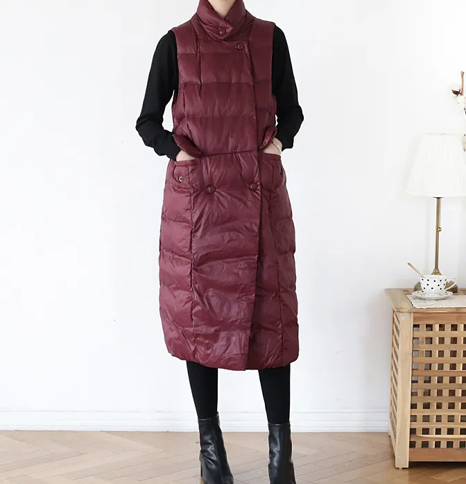 Stand Collar Puffer Coat Long Vest Winter Women Down Jacket 1008