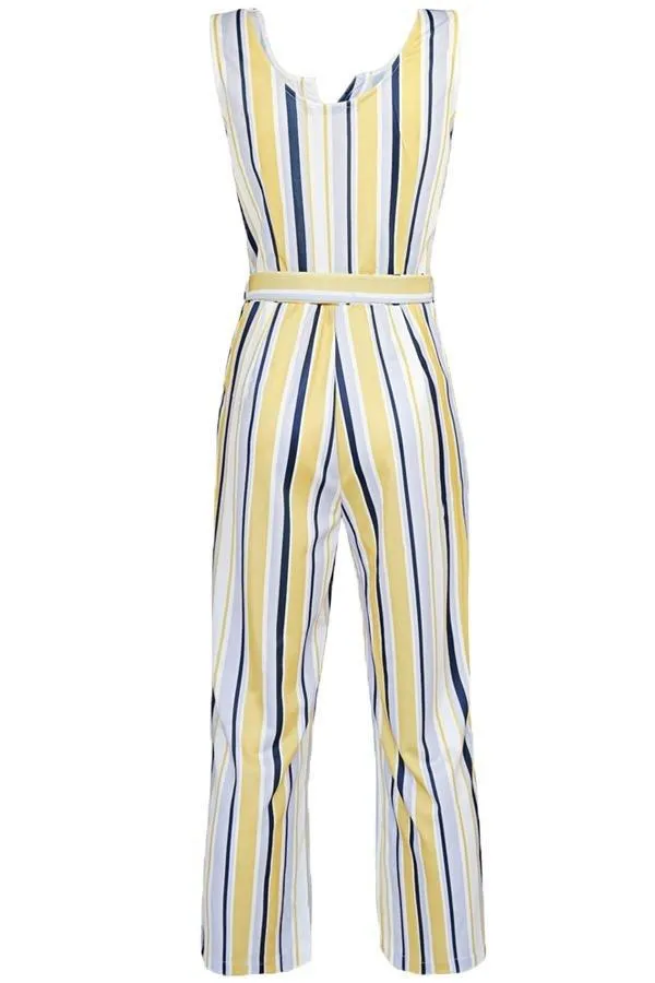 Striped Belt Wide Leg Jumpsuit