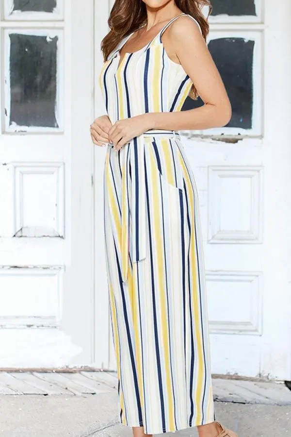 Striped Belt Wide Leg Jumpsuit