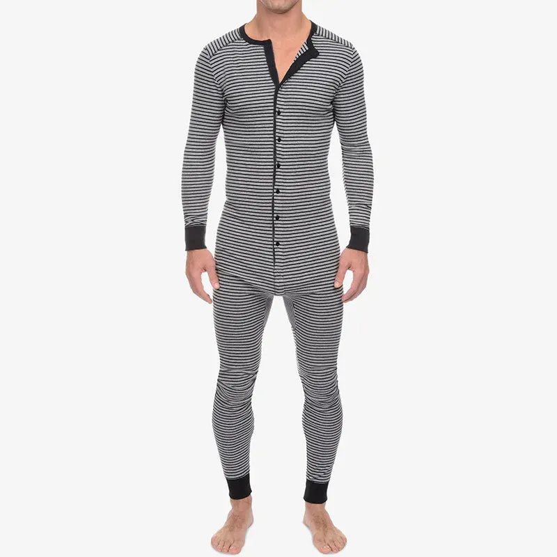 Striped One-piece Pajamas European and American Men's Tight Jumpsuit Long-sleeved 2024 Cross-border New Home Wear