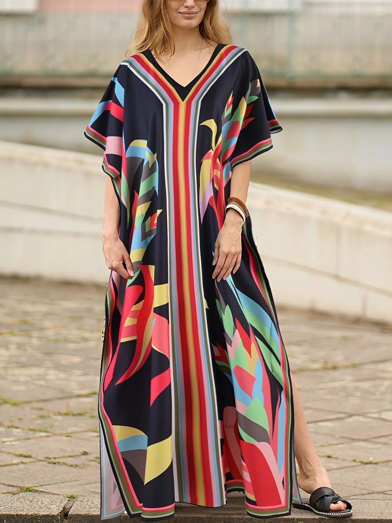 Stunning Allover Print V-Neck Kaftan Maxi Dress - Elegant Batwing Sleeve, Loose Fit, Flowy, Comfortable, Versatile, and Chic - Women's Clothing for Summer, Vacation, and Daily Wear