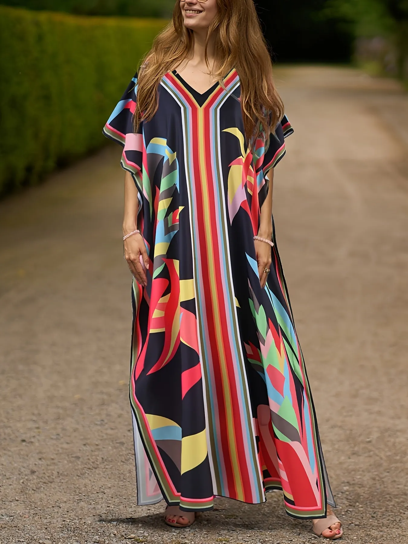 Stunning Allover Print V-Neck Kaftan Maxi Dress - Elegant Batwing Sleeve, Loose Fit, Flowy, Comfortable, Versatile, and Chic - Women's Clothing for Summer, Vacation, and Daily Wear