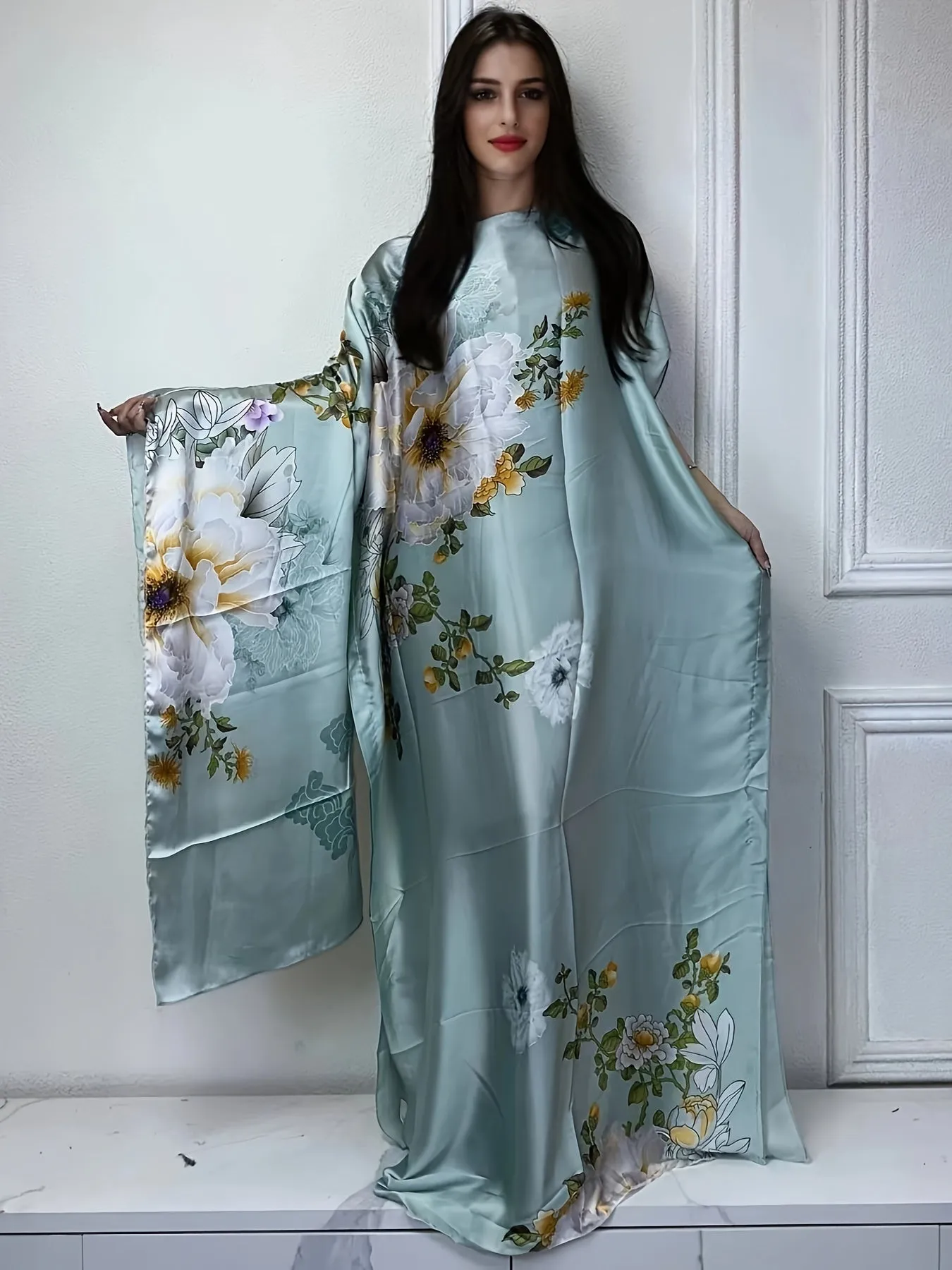 Stunning Floral Print Batwing Kaftan Dress - Elegant Crew Neck, Flowy Maxi Length, Comfortable Women's Clothing for Summer