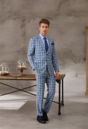 Tailor-made High Quality 150's Wool and Cashmere Fabric Sky Blue Windowpane Check Suit Men Breast Wedding Suit