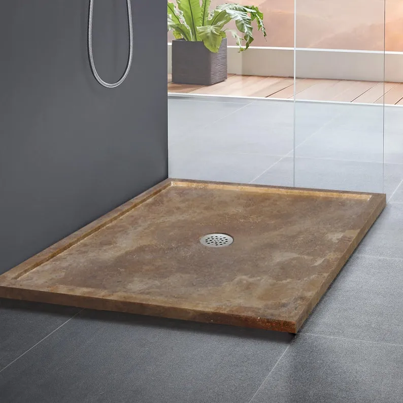 TCSC | Noce Brown Travertine Square Shower Base Hand-carved from Solid Travertine Block (W)36" (L)36"