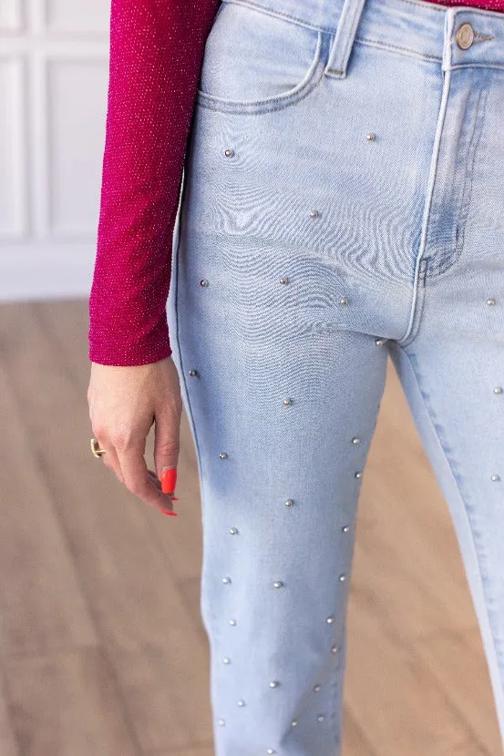 The Amelie Light Wash Straight Leg Jean with Studs