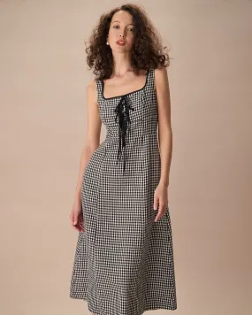 The Black Square Neck Tie Plaid Midi Dress