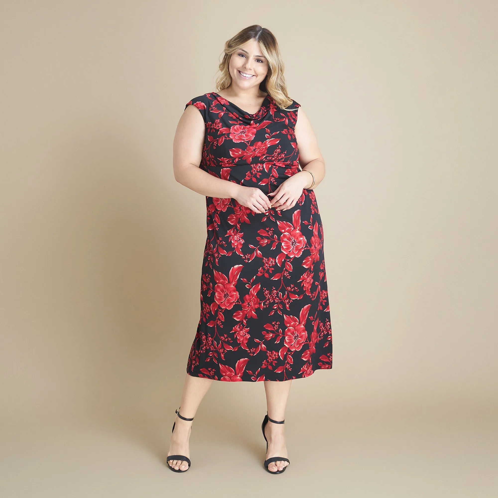 Tonya Red Floral Cowl Neck Midi Dress